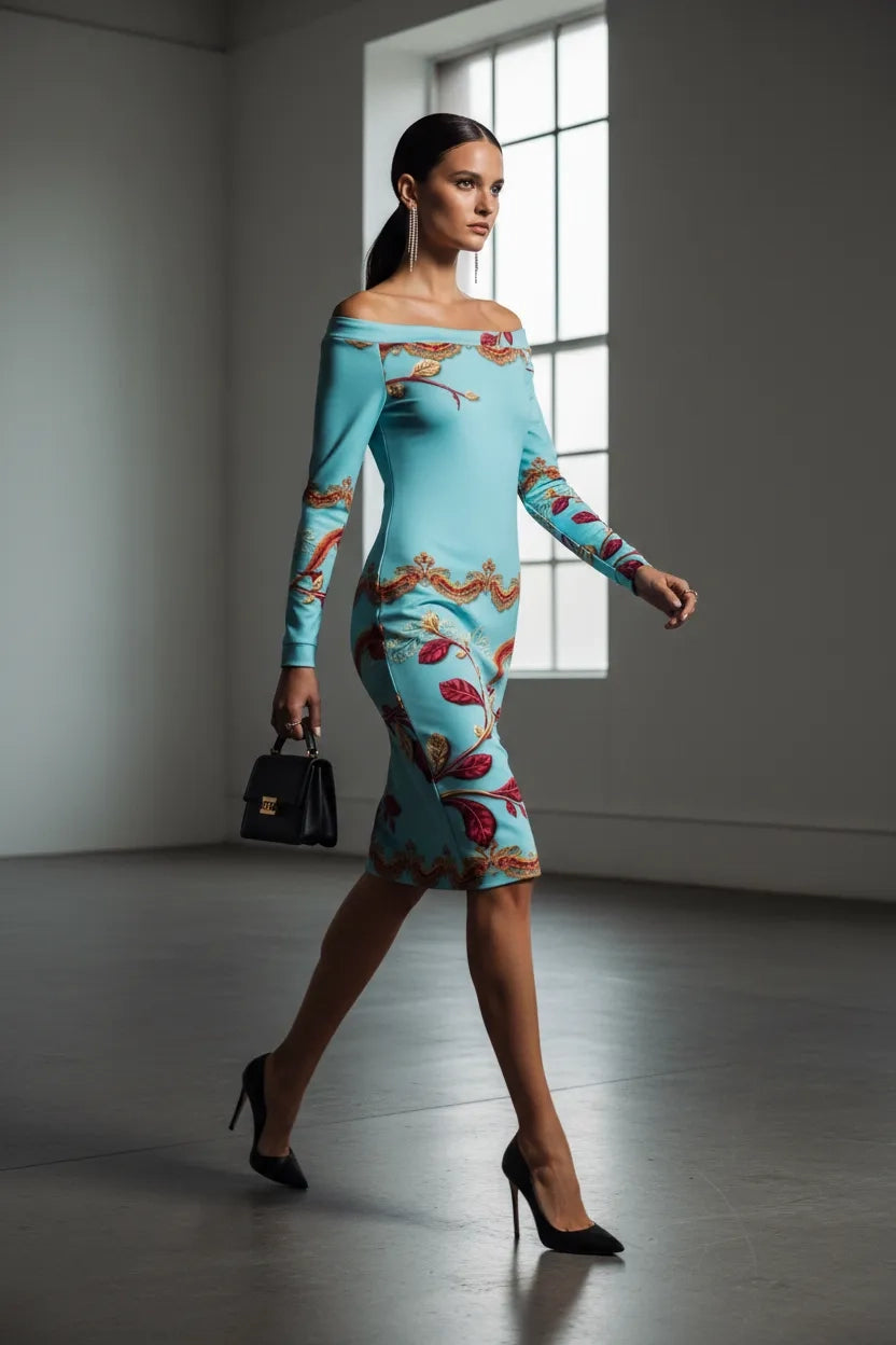 Angelic Blessings ice blue off-shoulder wrap dress with floral pattern worn with black heels and handbag