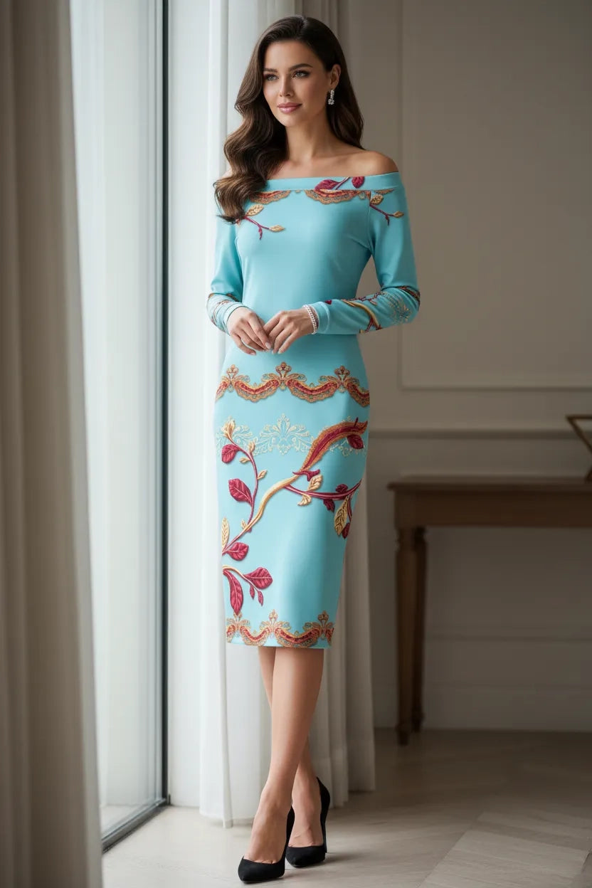 Angelic Blessings ice blue off-shoulder wrap dress with floral embroidery and fitted midi design