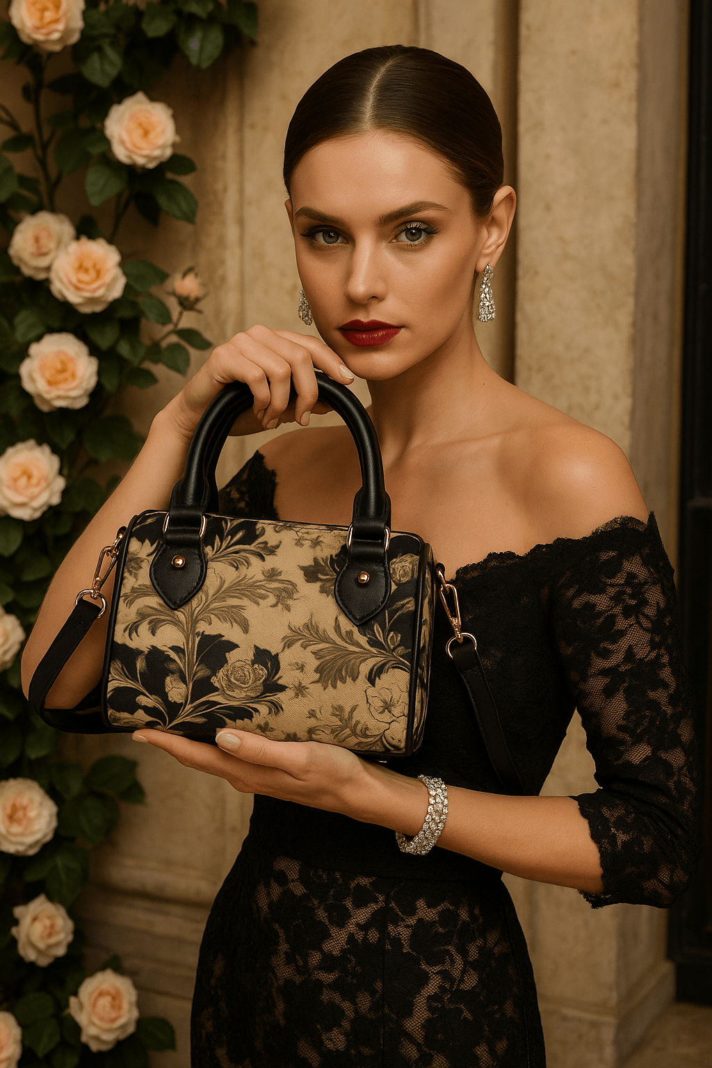 Angelic Blessings Shop mini Boston bag cinematic style barrel handbag with floral pattern held by woman in black lace dress