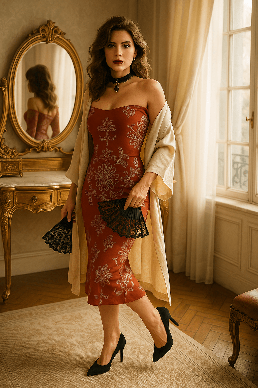 Angelic Blessings luxury off shoulder baroque dress in red floral pattern worn with black heels and accessories