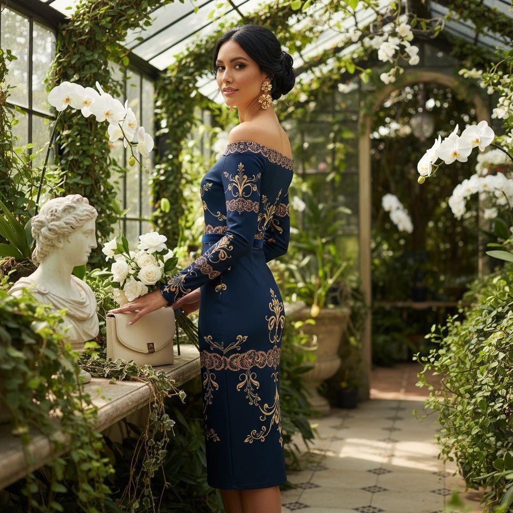 Woman wearing a navy blue off the shoulder wrap dress with gold embroidery in a greenhouse setting