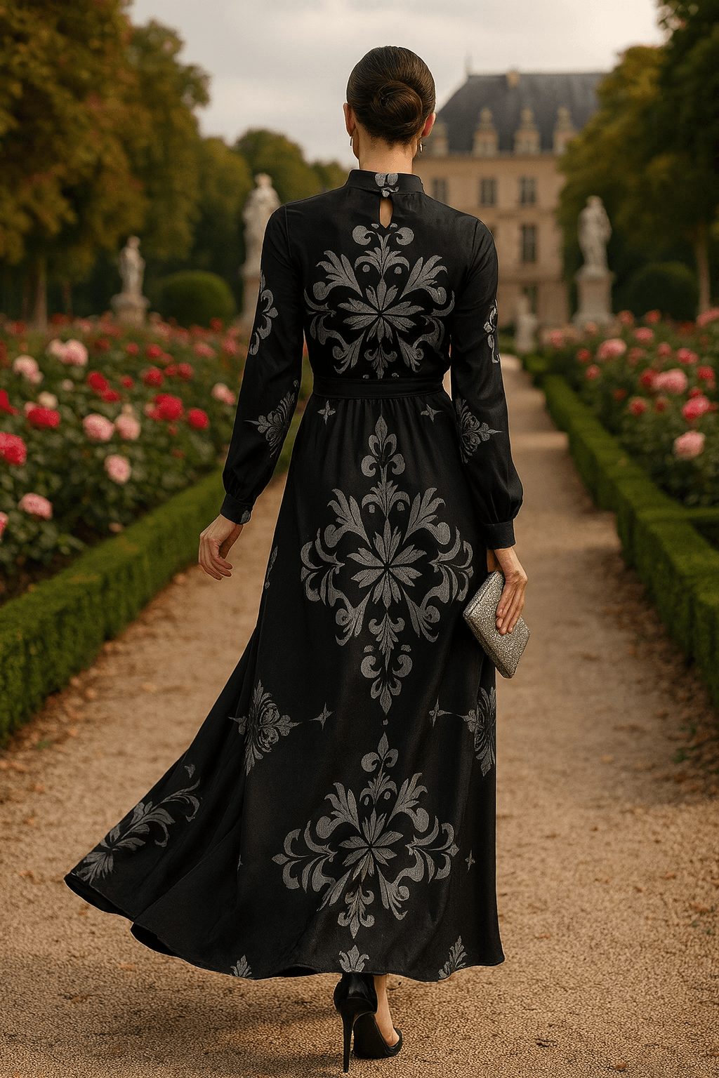 Angelic Blessings Victorian black maxi dress with intricate floral patterns and long sleeves in garden setting