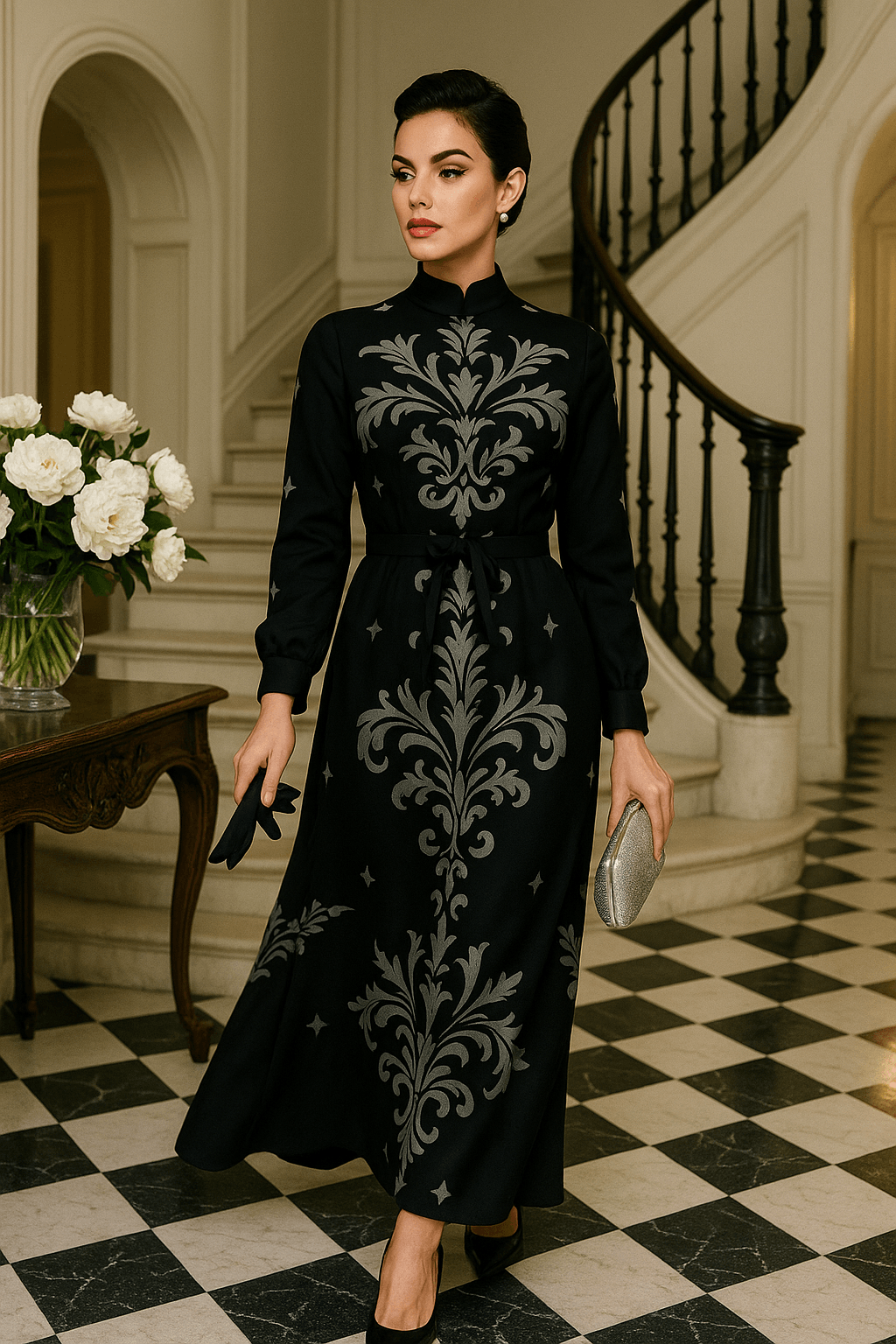 Angelic Blessings Victorian black maxi dress with intricate gray floral patterns and long sleeves