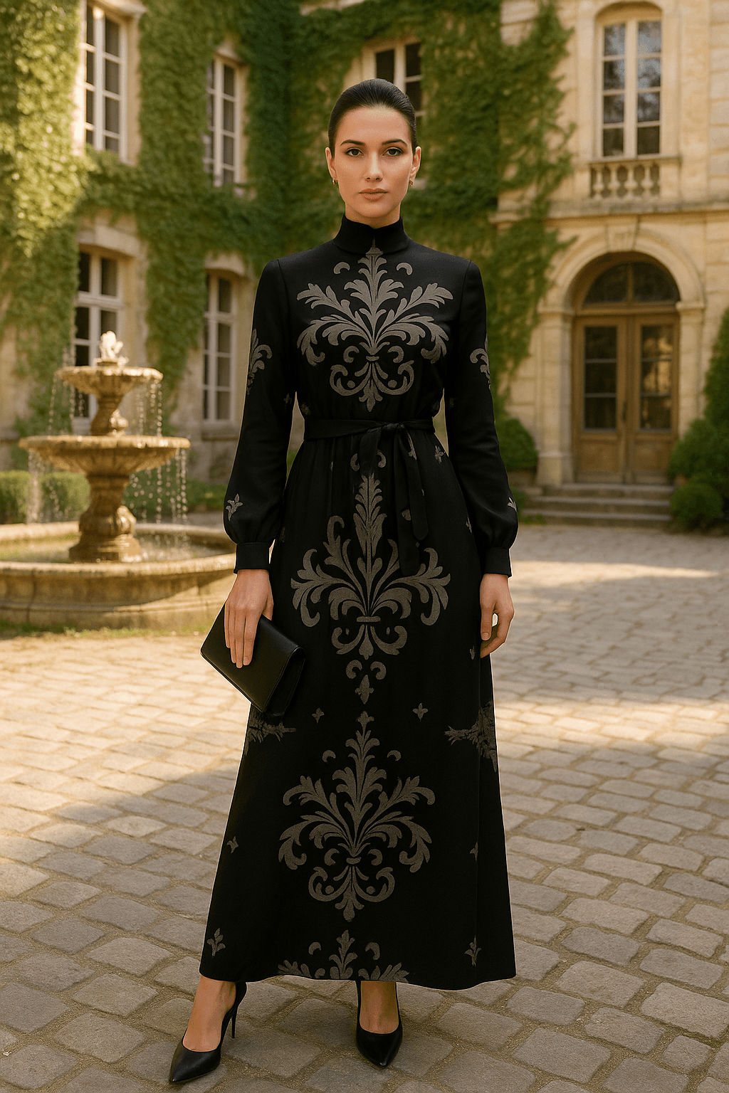 Victorian black maxi dress by Angelic Blessings with long sleeves and intricate patterns in an outdoor courtyard