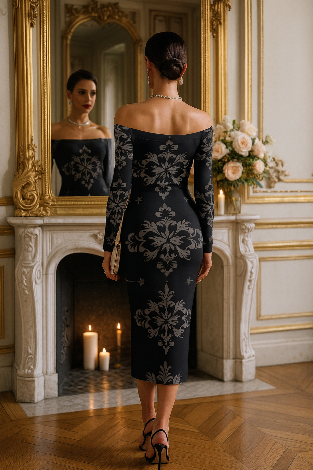 Victorian black off-shoulder dress with long sleeves and intricate floral pattern by POD luxury evening dress