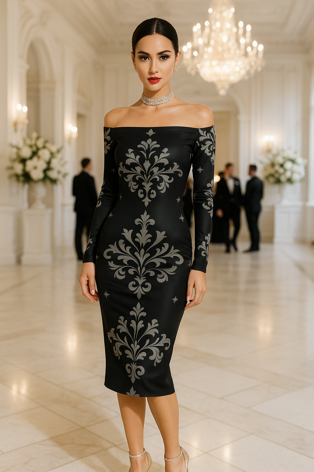 Elegant POD Victorian black off-shoulder dress with long sleeves and intricate silver patterns