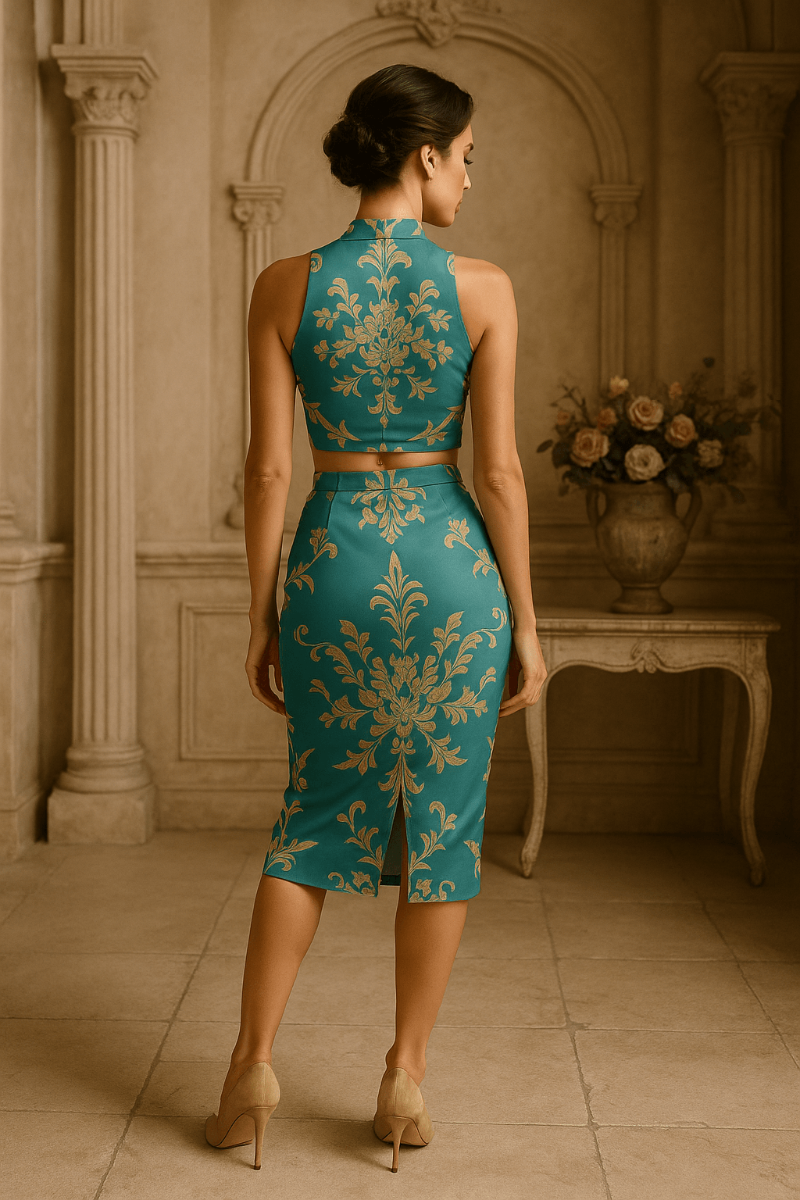 Back view of model wearing Victorian blue baroque co-ord set with intricate gold pattern and high neck design