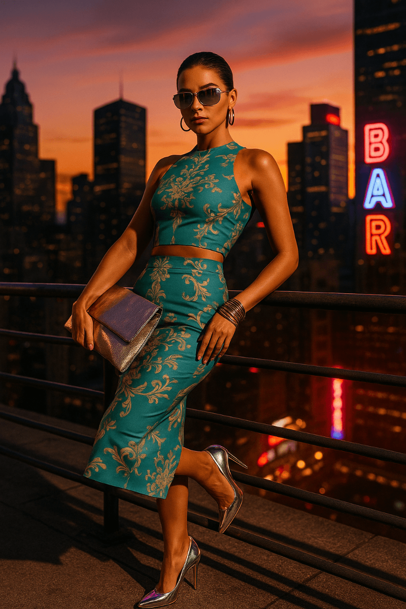 Model wearing victorian blue baroque co-ord set from Angelic Blessings Shop with city skyline background