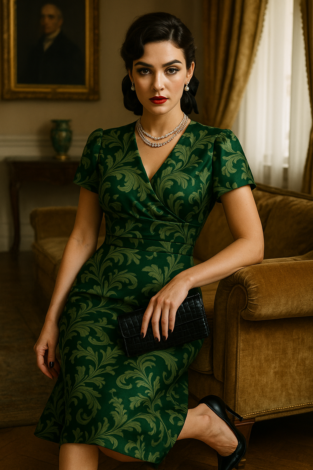 Dark Green Victorian Damask Midi Dress V-Neck S5XL Dark Green Victorian Damask Midi Dress V-Neck S5XL
