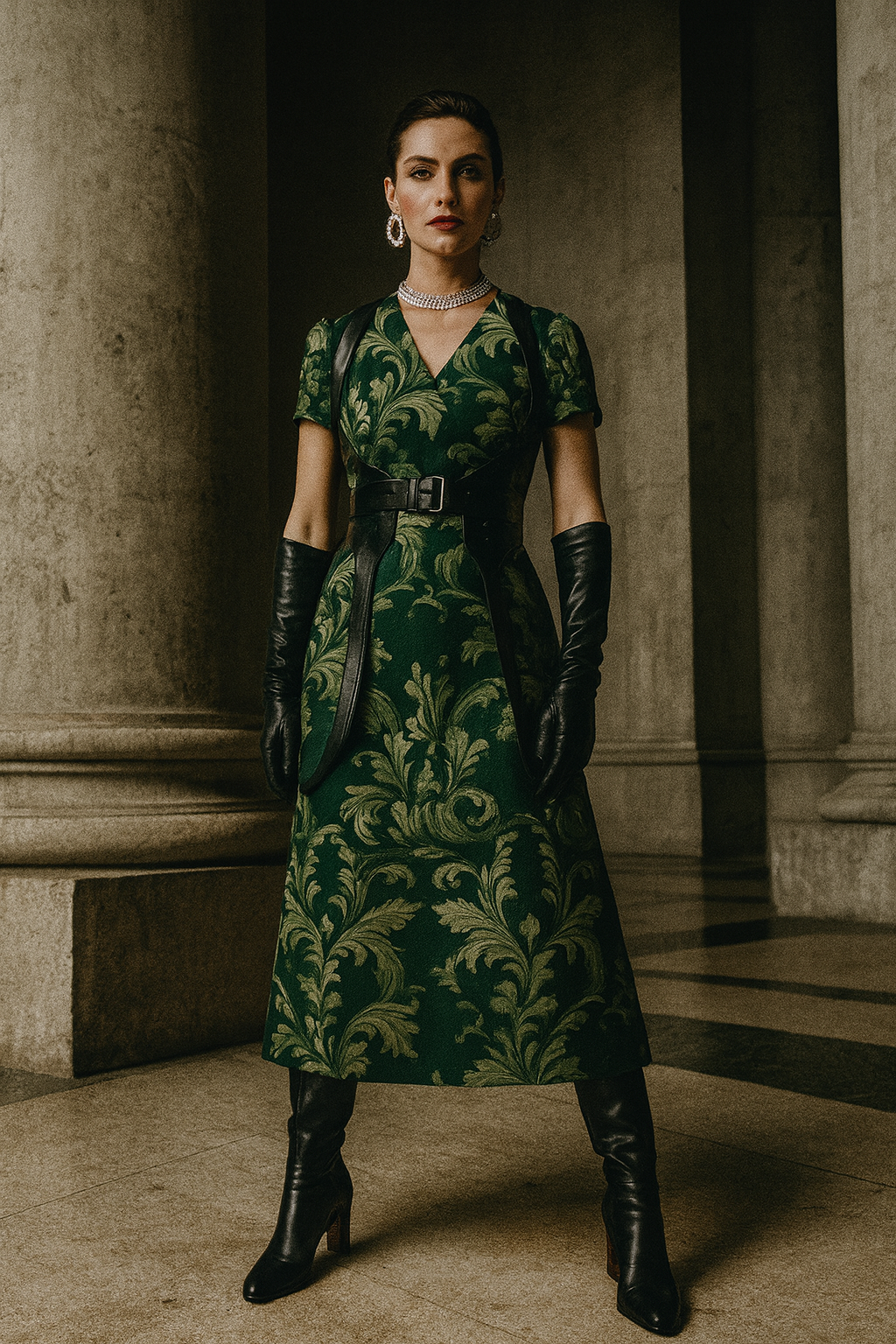 Victorian damask midi dress in green with black belt and gloves worn by model at Angelic Blessings Shop