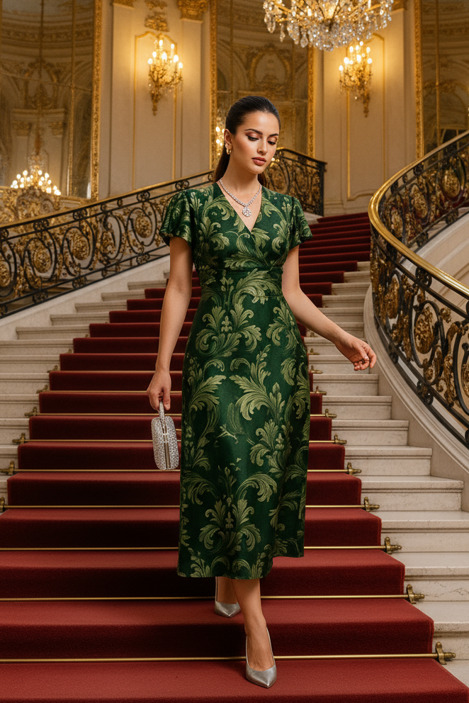 Dark Green Victorian Damask Midi Dress V-Neck S5XL Dark Green Victorian Damask Midi Dress V-Neck S5XL