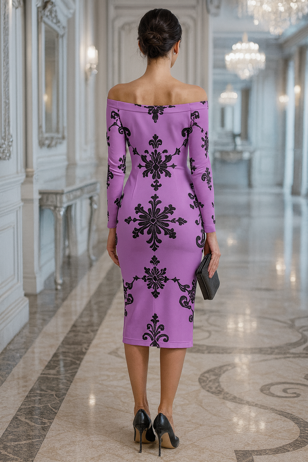 Back view of woman wearing Victorian violet off-shoulder dress with black floral patterns in elegant hallway