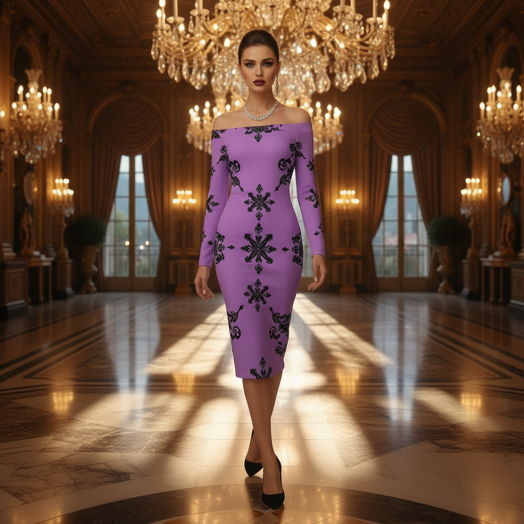 Elegant luxury Victorian violet off-shoulder dress with black floral patterns in grand chandelier-lit hall