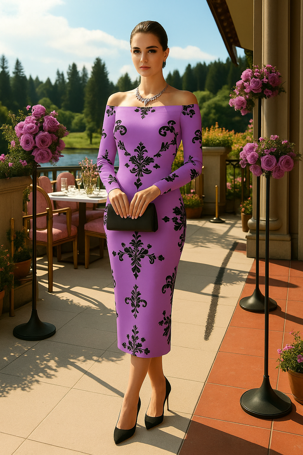 Woman wearing Victorian violet off-shoulder dress with black floral patterns holding a black clutch outdoors