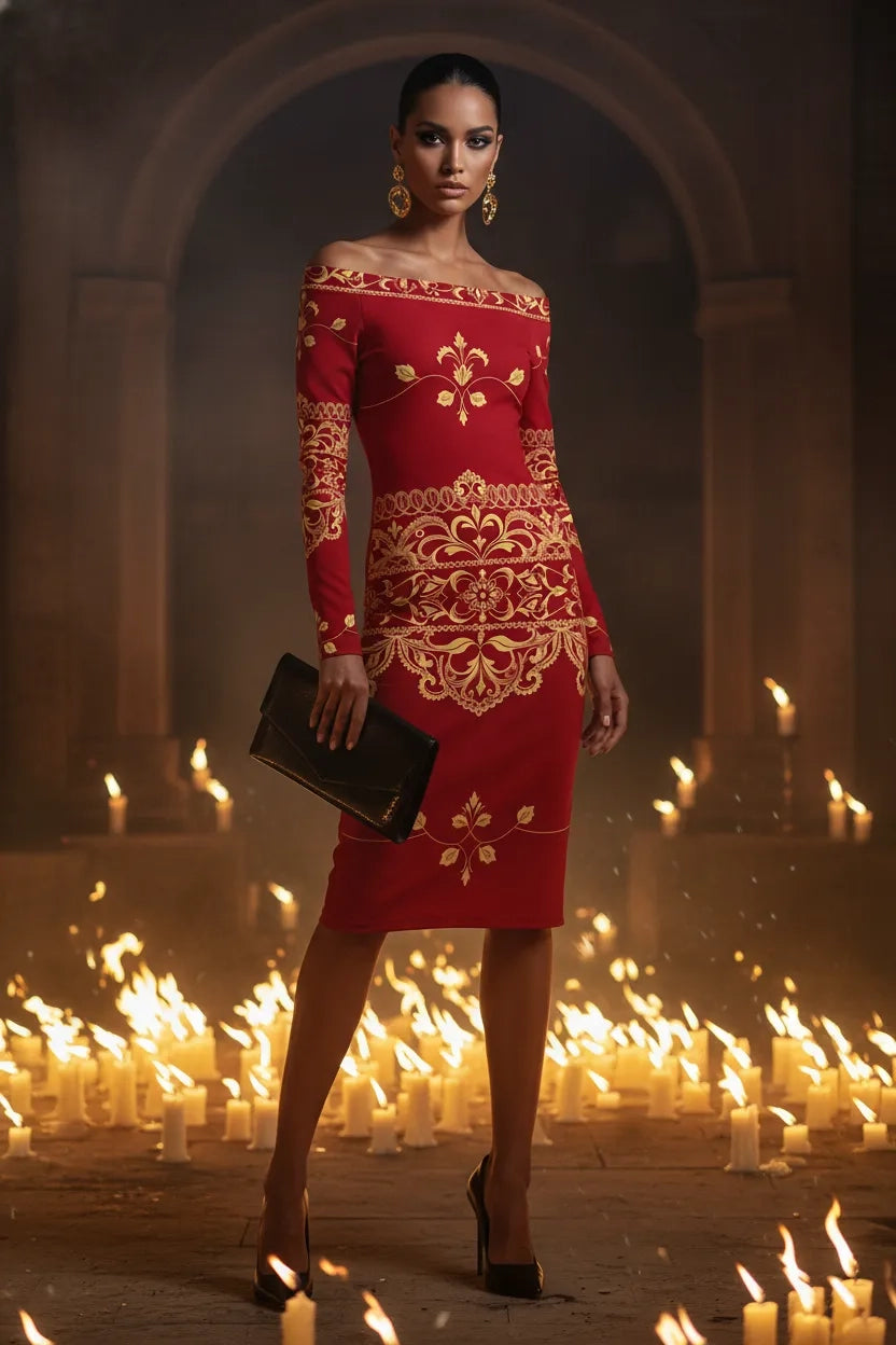 Vintage Y2K inspired statement midi dress styled with bold accessories in an editorial shoot.