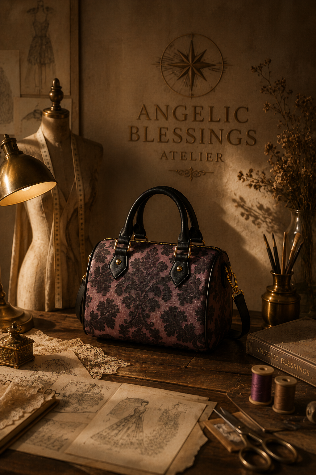 Violet Baroque vintage coach purse elegant evening outfit with floral damask pattern