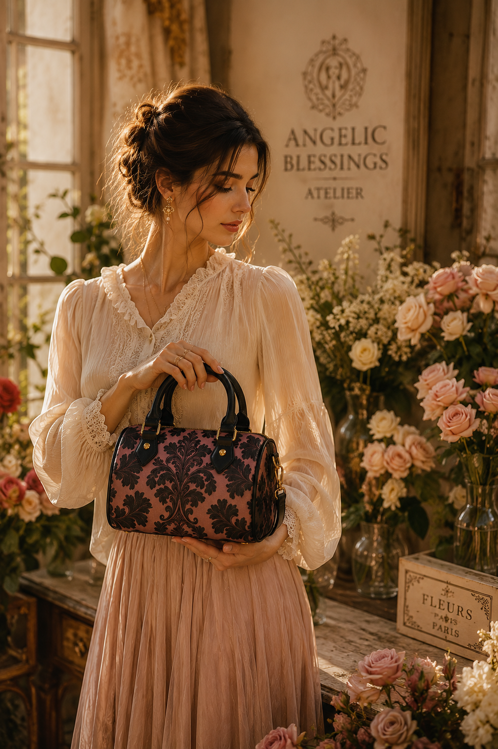 Violet Baroque vintage coach purse with elegant outfit for evening occasions