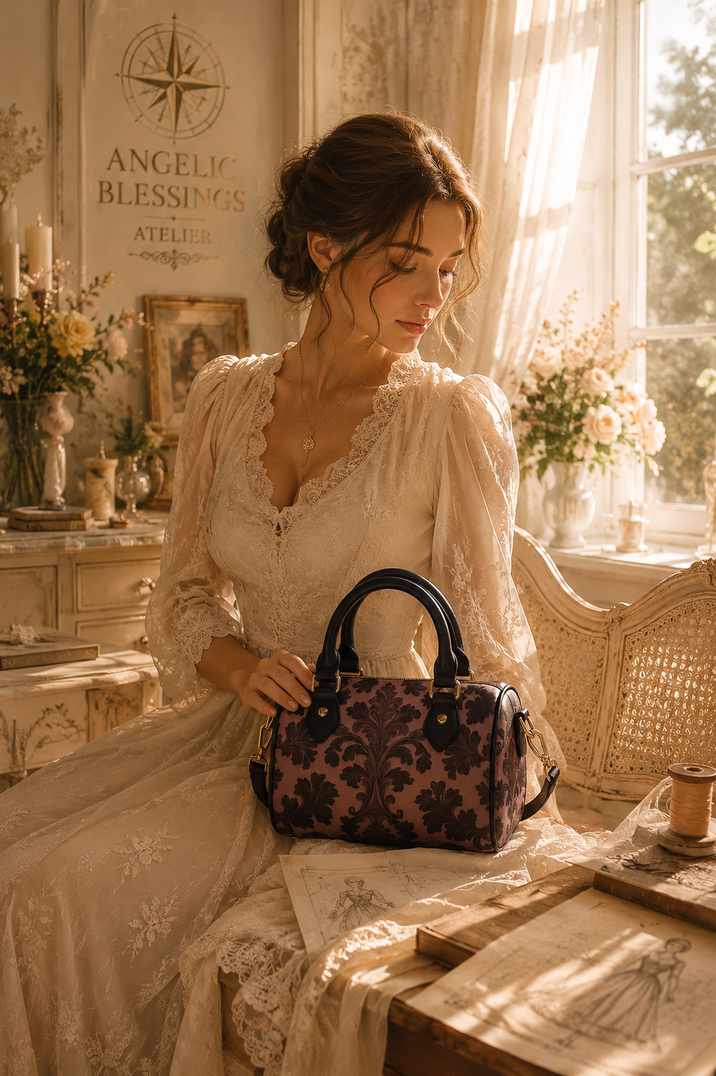 Violet Baroque vintage coach purse elegant evening outfit floral lace dress