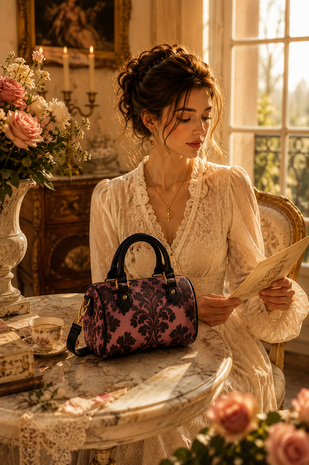 Violet Baroque vintage coach purse elegant evening outfit Victorian style handbag