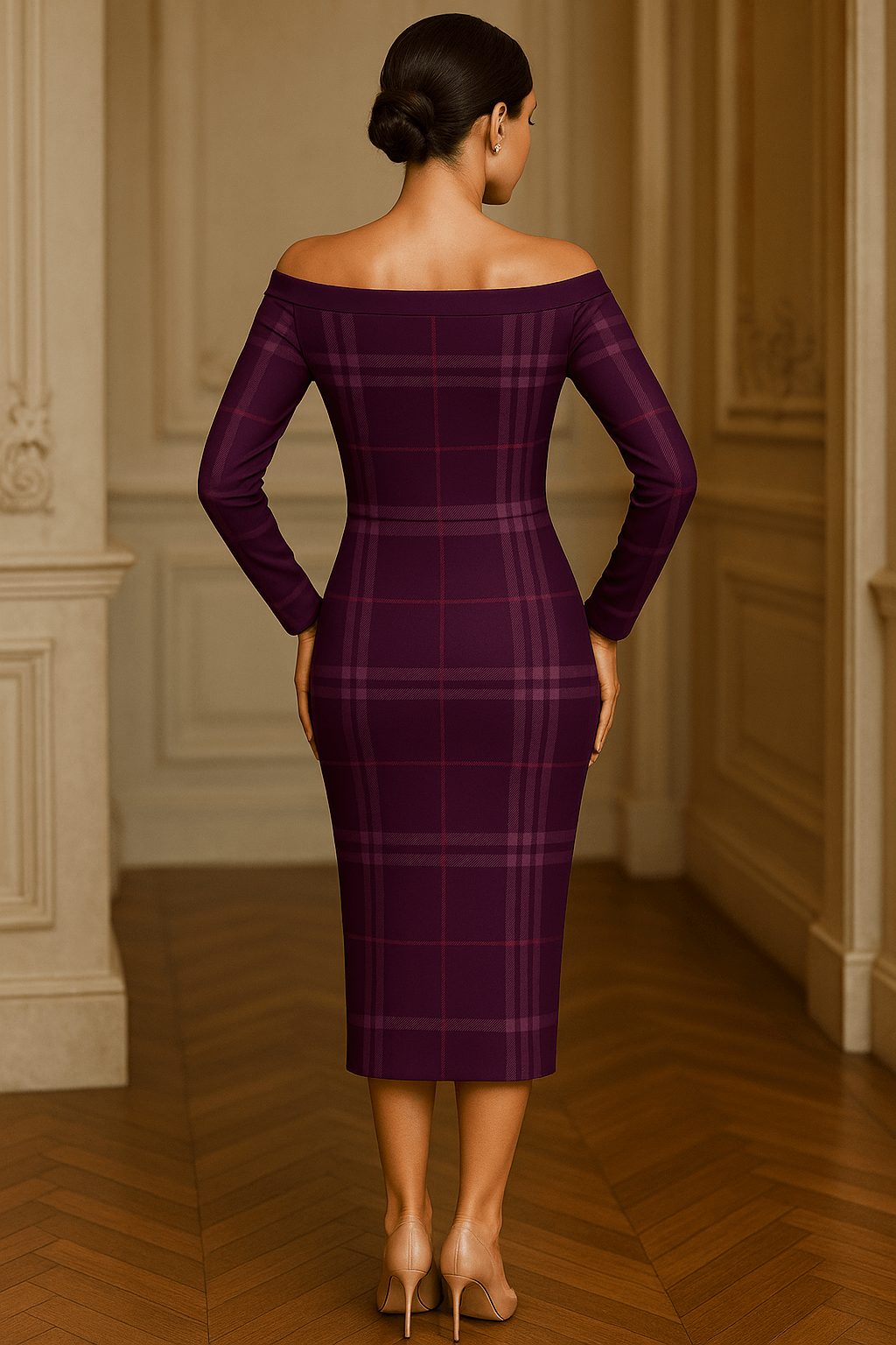 Angelic Blessings Shop violet tartan wrap dress off-shoulder fitted midi design on model