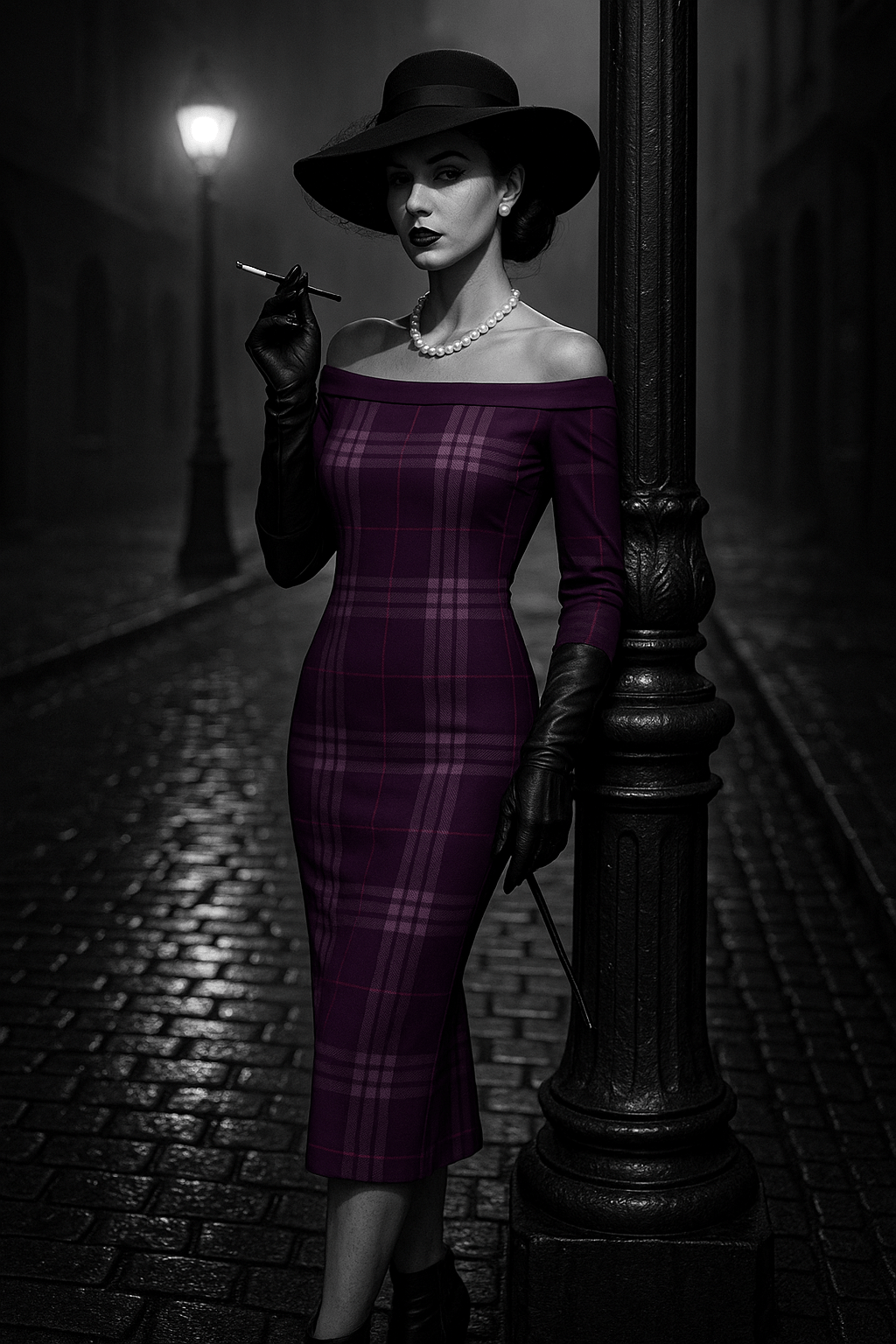 Elegant woman wearing violet tartan wrap dress with off-shoulder design and black gloves