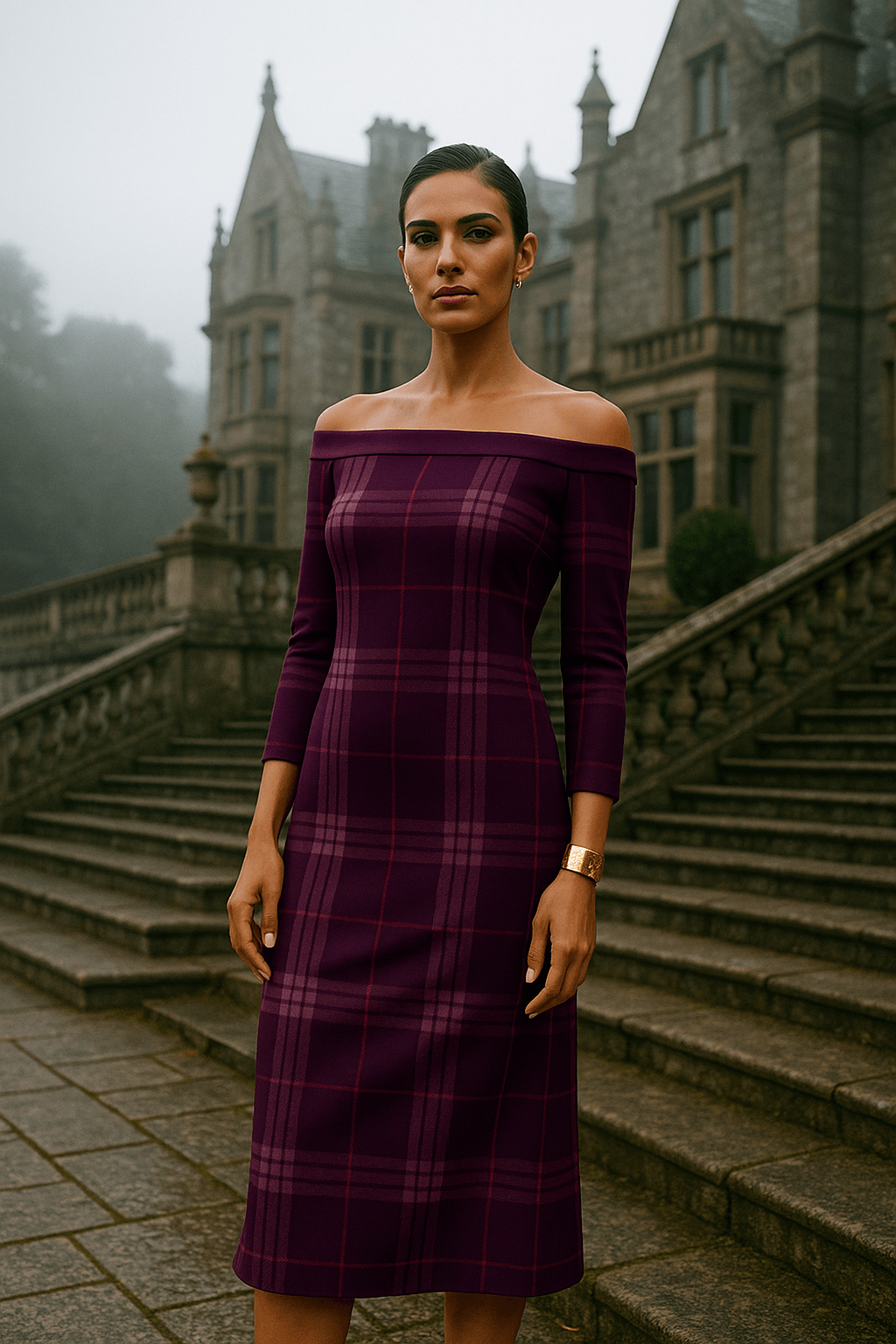 Woman wearing a violet tartan wrap dress by Angelic Blessings Shop in front of stone stairs and historic building