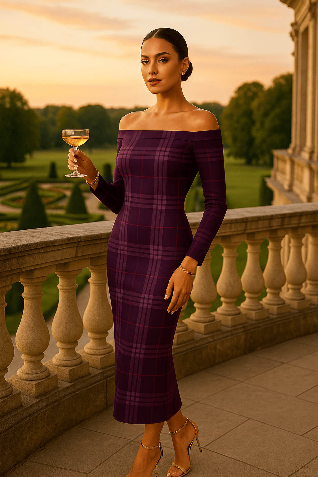 Violet plaid midi dress for women — off-shoulder silhouette and long sleeves, heritage-inspired luxury style.