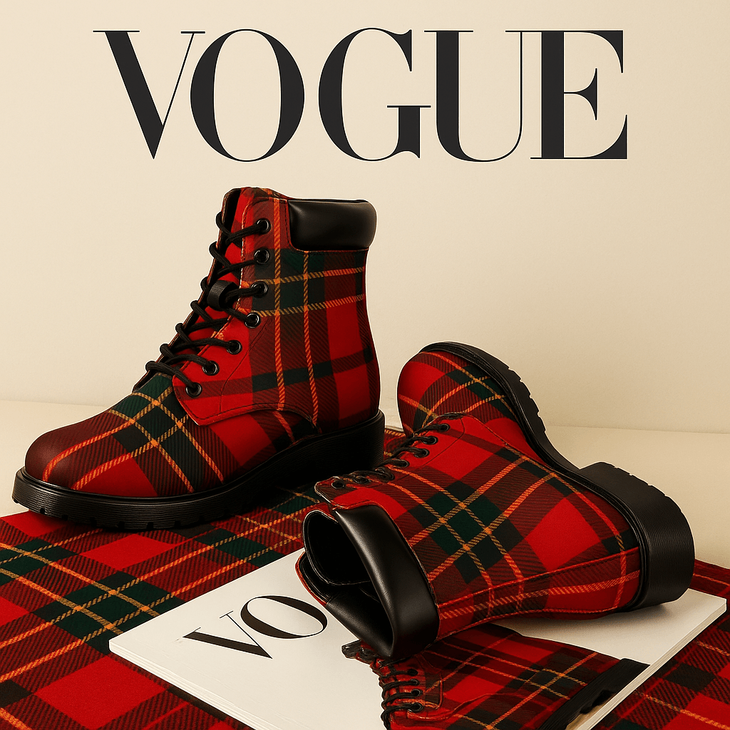 Red tartan vegan leather boots with black laces and soles from Angelic Blessings Shop