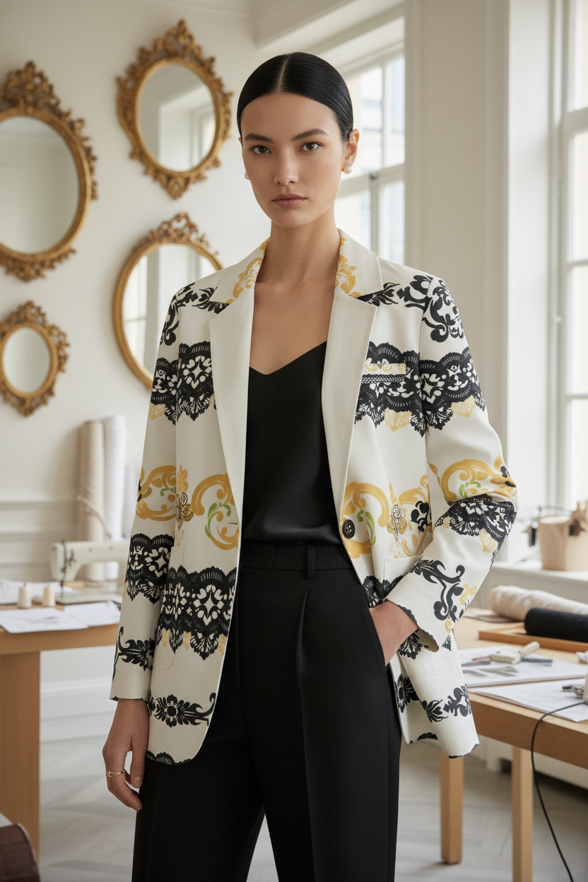 White and black cotton blazer for women with intricate lace and gold pattern design from Angelic Blessings Shop