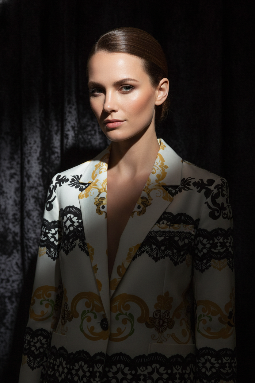 White and black cotton blazer for women with intricate gold and black patterns from Angelic Blessings Shop