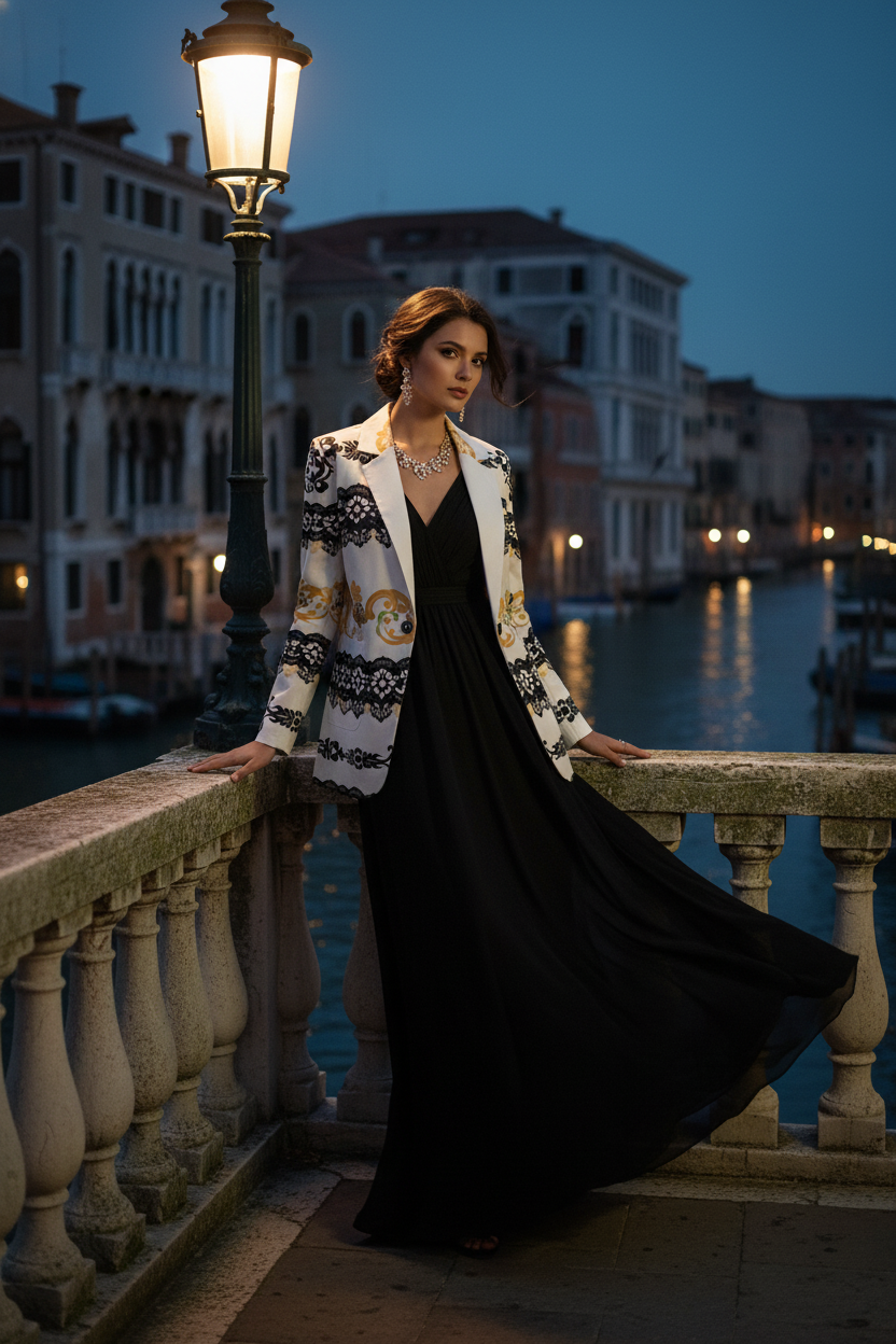 Woman wearing a white and black cotton blazer for women over a long black dress standing by a canal at dusk