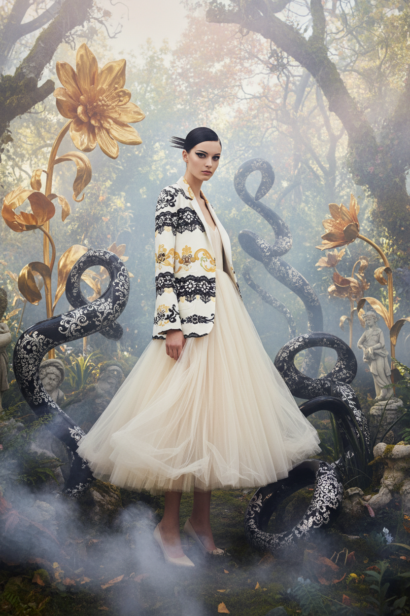 White and black cotton blazer for women with intricate patterns worn over a flowing tulle dress