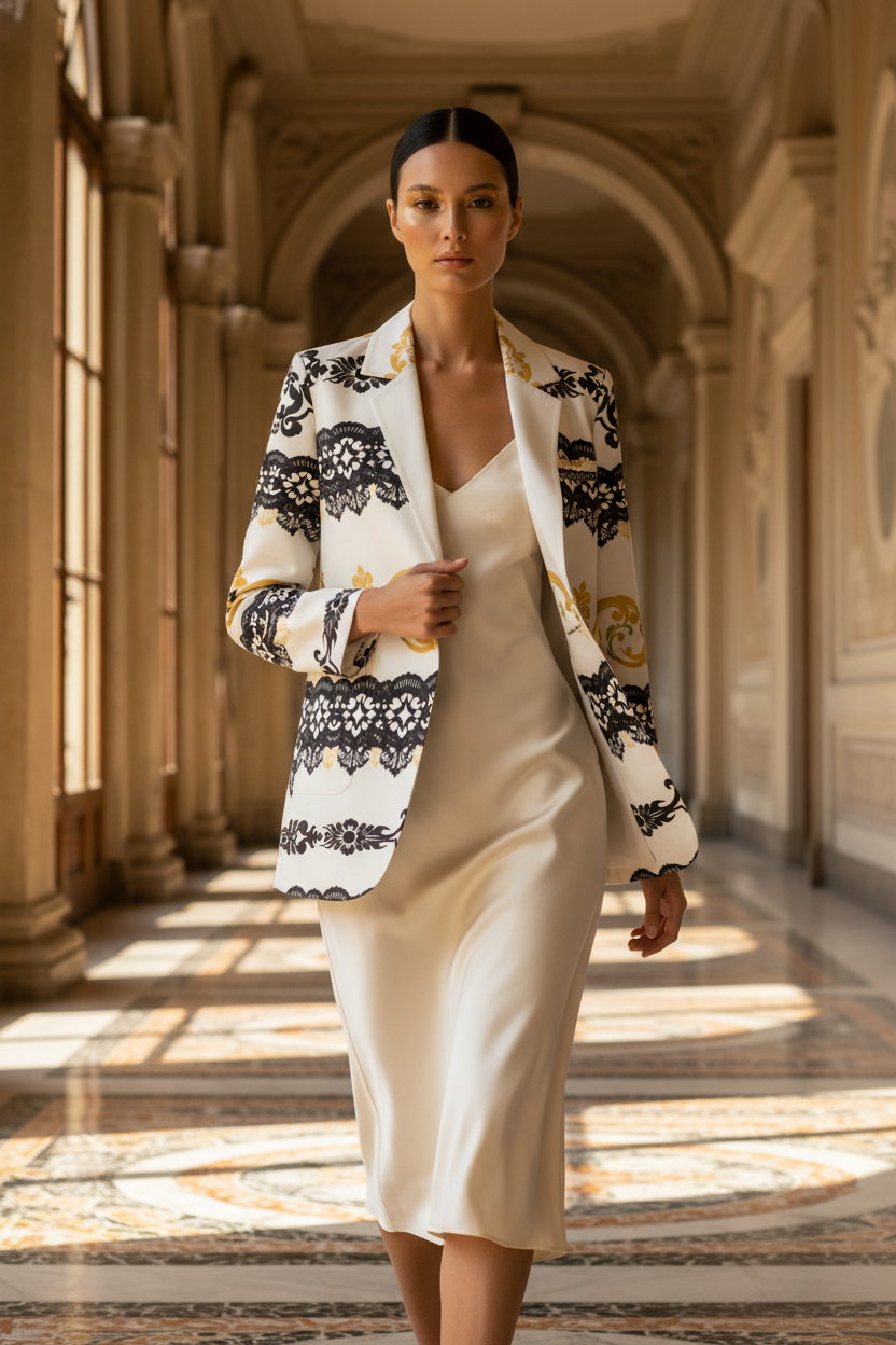 White and black cotton blazer for women with intricate patterns worn over a white dress