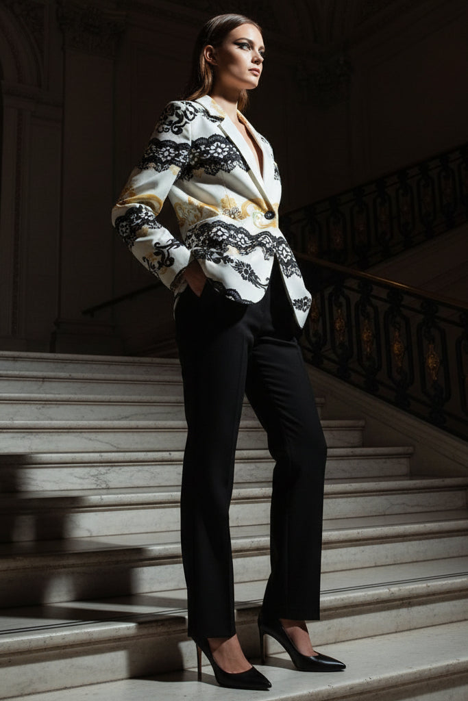 White and black cotton blazer for women styled with black pants and heels on a staircase