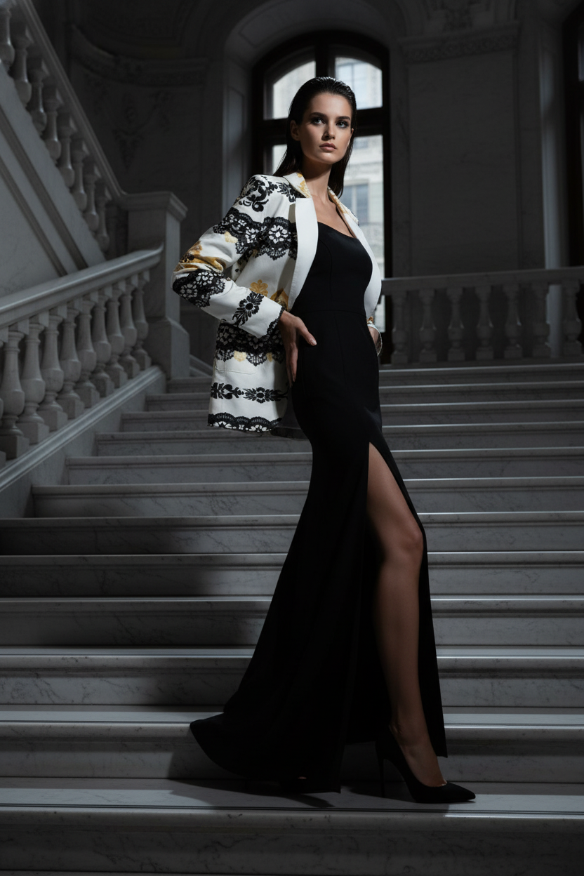 White and black cotton blazer for women worn over a black evening gown with a thigh-high slit