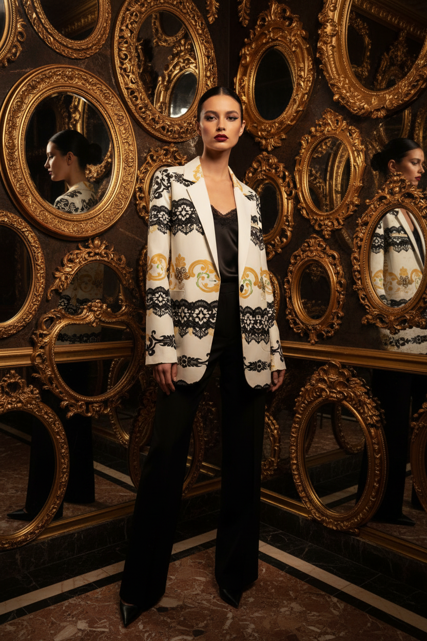 White and black cotton blazer for women with gold and black ornate pattern, worn with black outfit