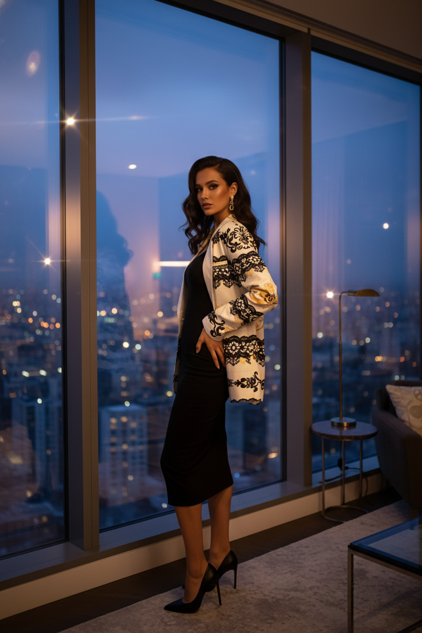 Woman wearing white and black cotton blazer for women over black dress in modern high-rise apartment