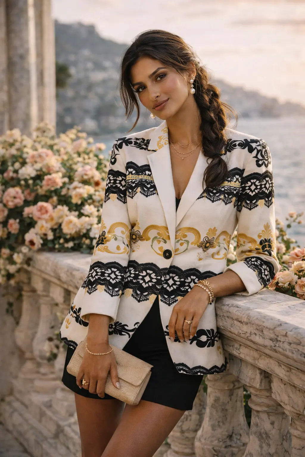 Woman wearing white black baroque lace women’s blazer styled with elegant trousers in luxury outfit