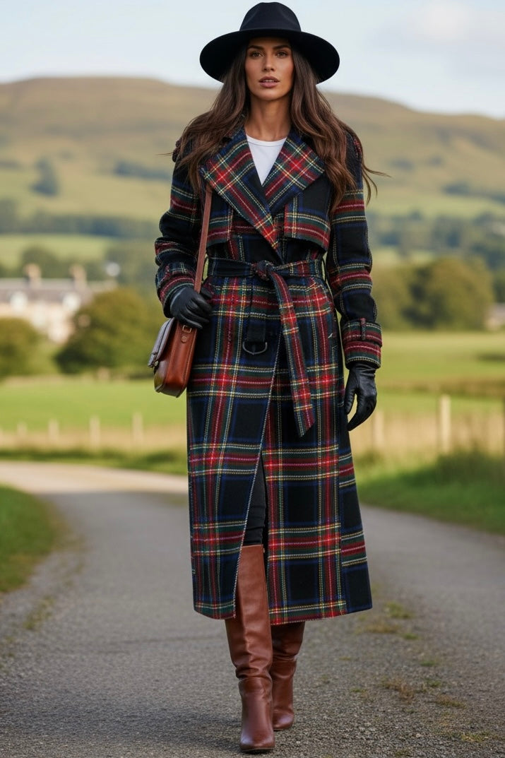 Angelic Blessings Shop women's tartan trench coat with belt worn with black hat and brown boots
