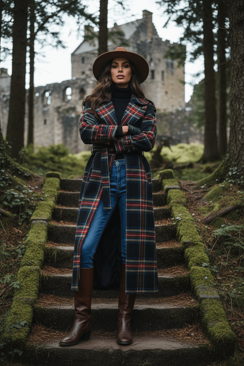 Woman wearing women's tartan trench coat with belt standing on moss-covered stone steps in forest