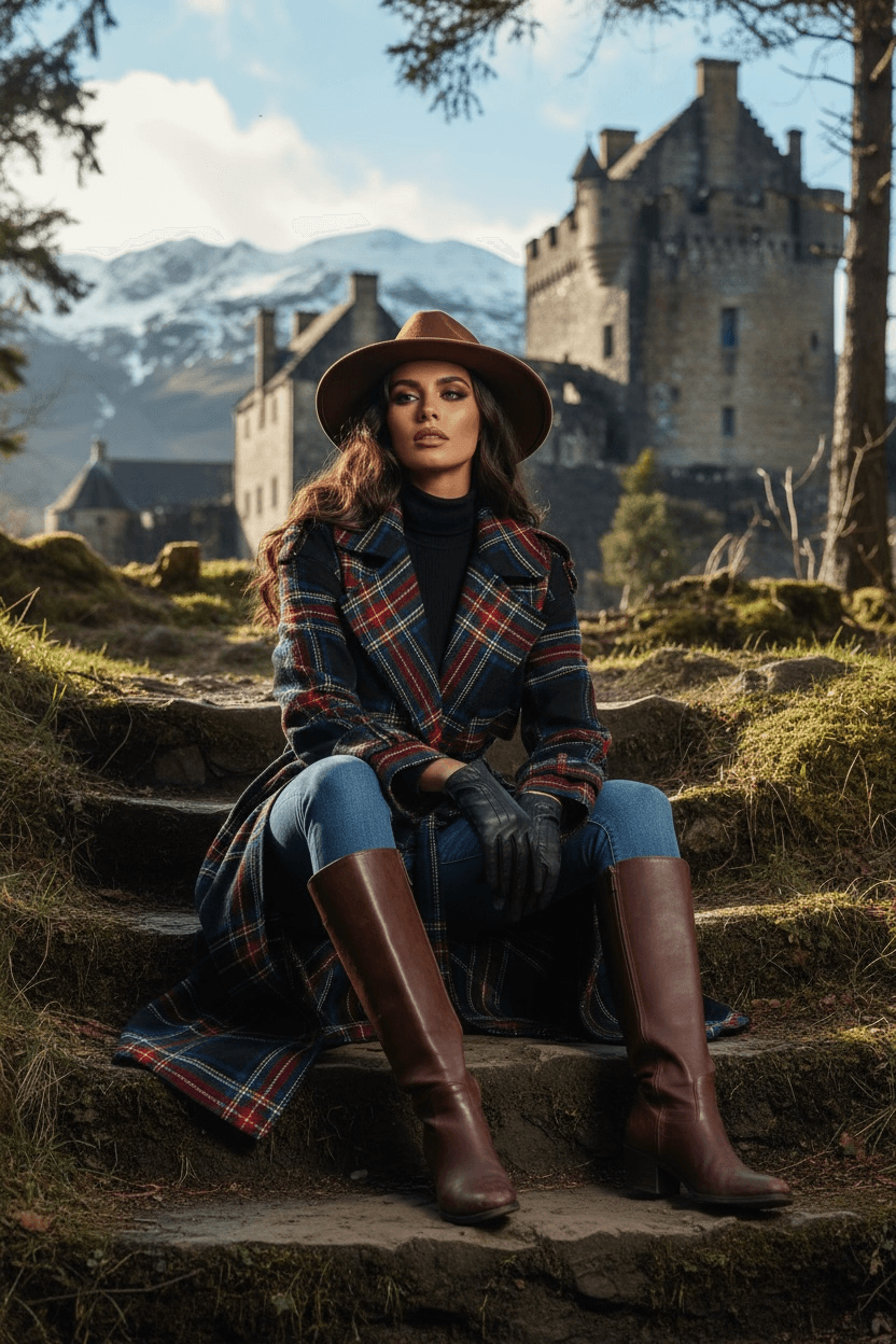 Woman wearing a women's tartan trench coat with brown boots and hat sitting outdoors near a castle