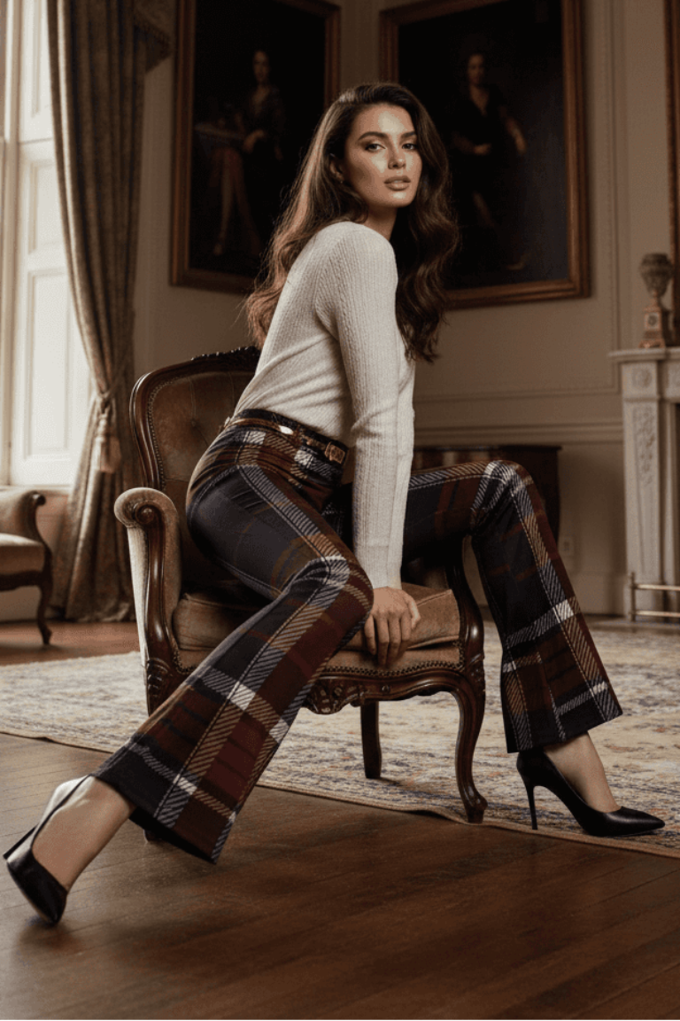 Women tartan trousers styled for smart casual outfits