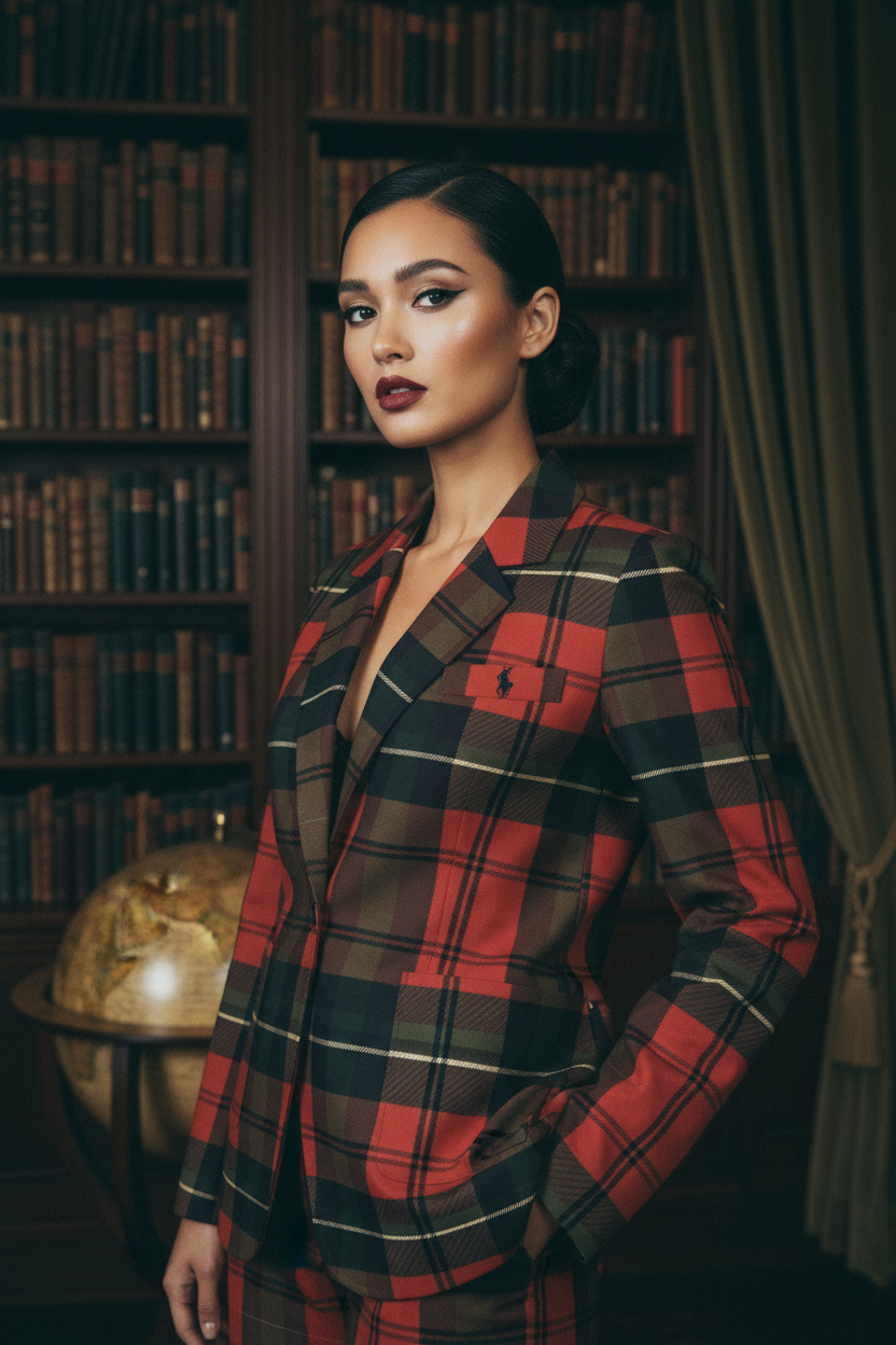 Close-up detail of the red Scottish plaid blazer showing cotton texture and tailoring quality.