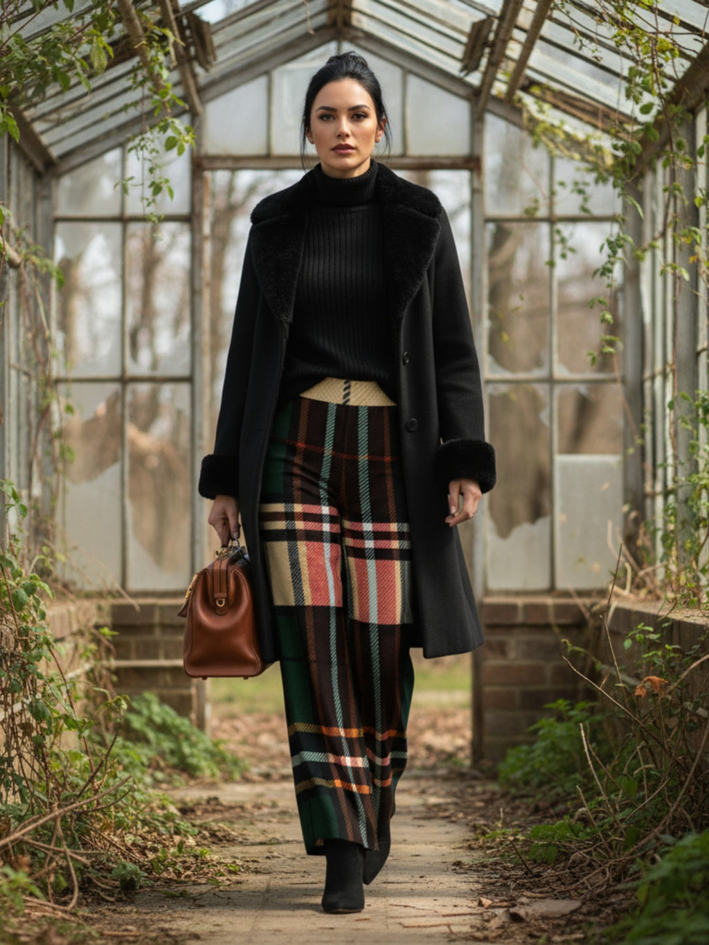 Woman wearing women's green tartan wide-leg trousers paired with black coat and turtleneck in a greenhouse