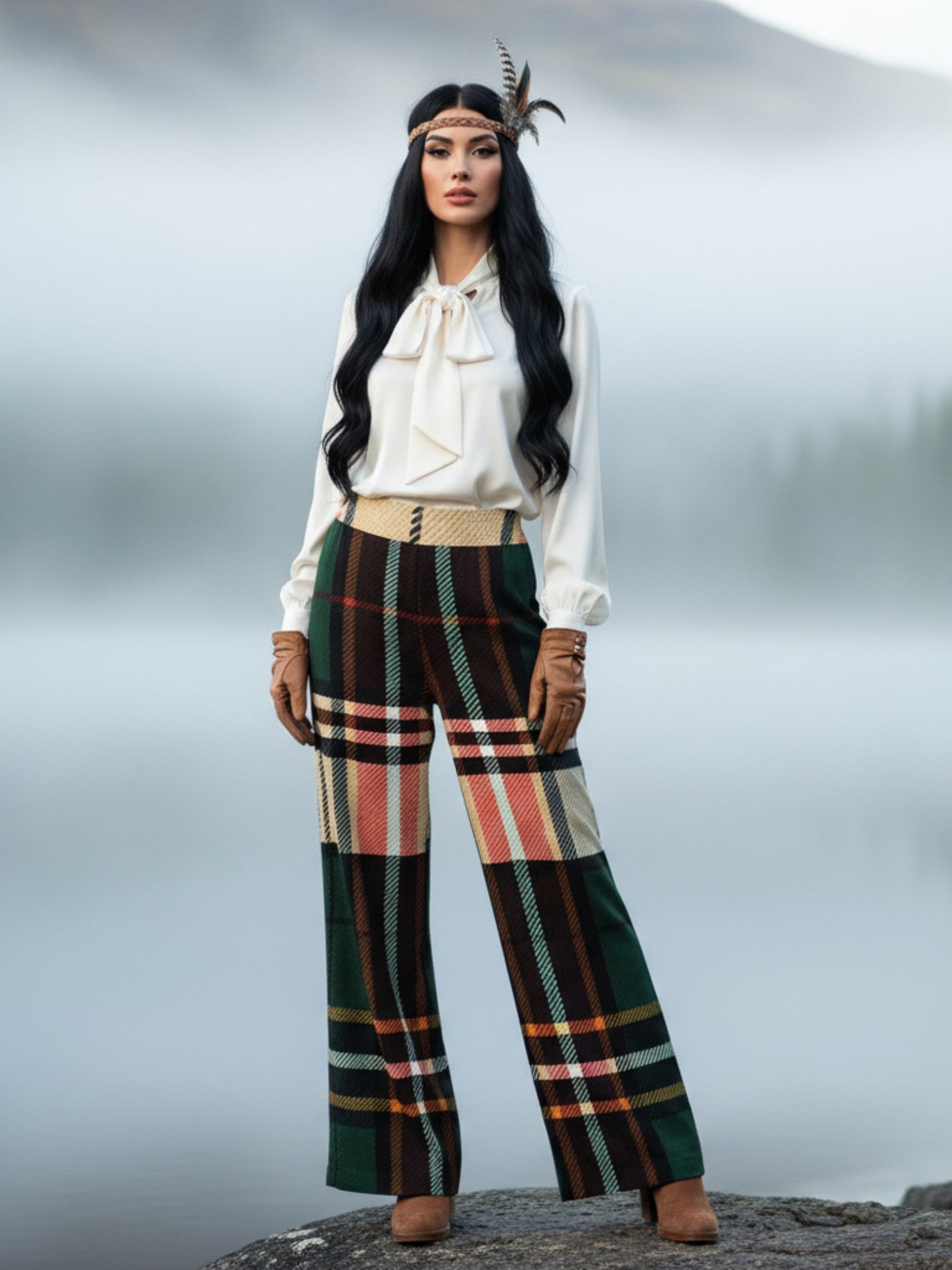 Woman wearing women's Green tartan wide-leg trousers paired with a white blouse and brown gloves