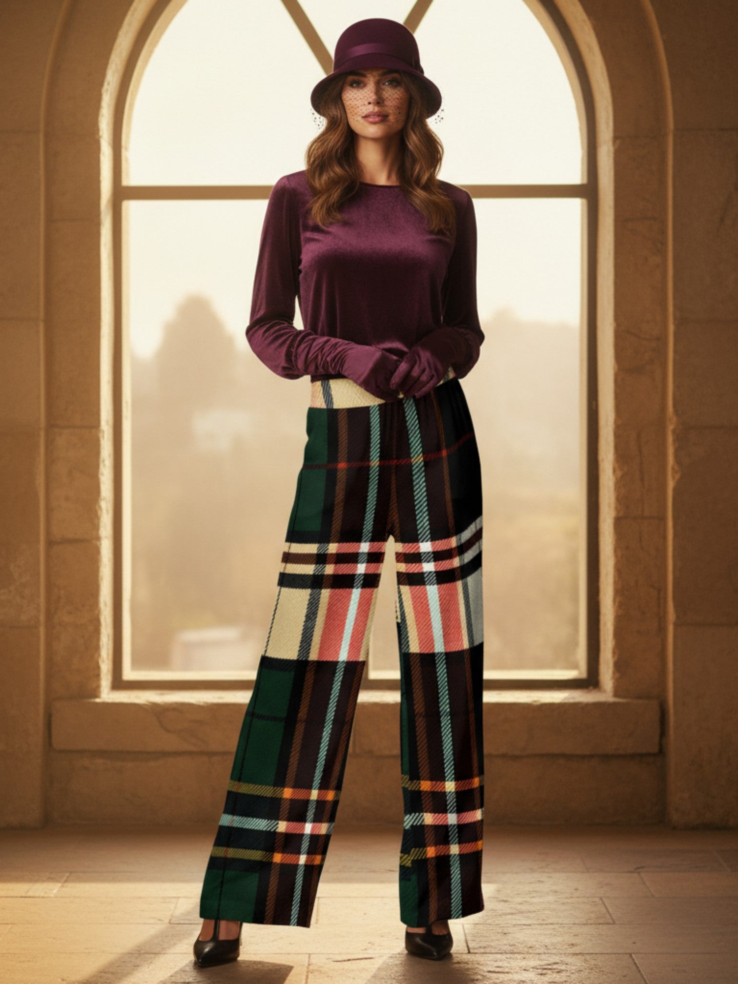 Women's green tartan wide-leg trousers styled with a purple top and hat in an arched window setting