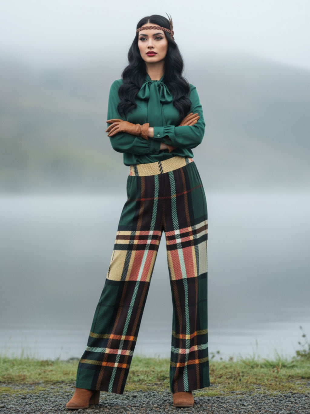 Women's Green tartan wide-leg trousers from Angelic Blessings Shop worn with a green blouse