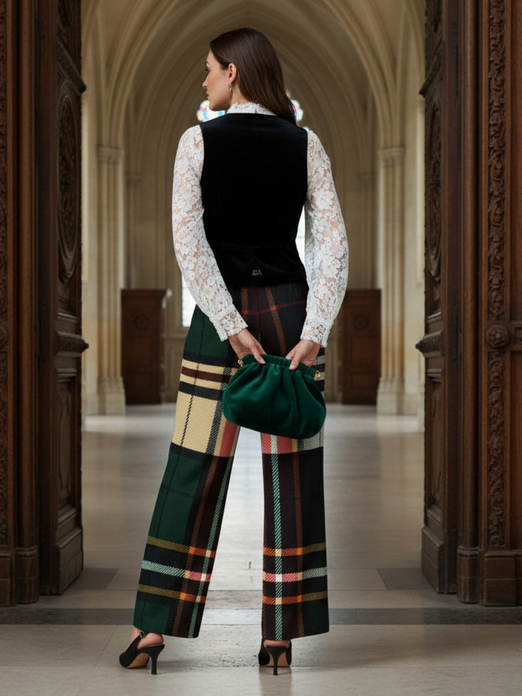 Women wearing women's Green tartan wide-leg trousers with a white lace blouse and black vest holding a green bag