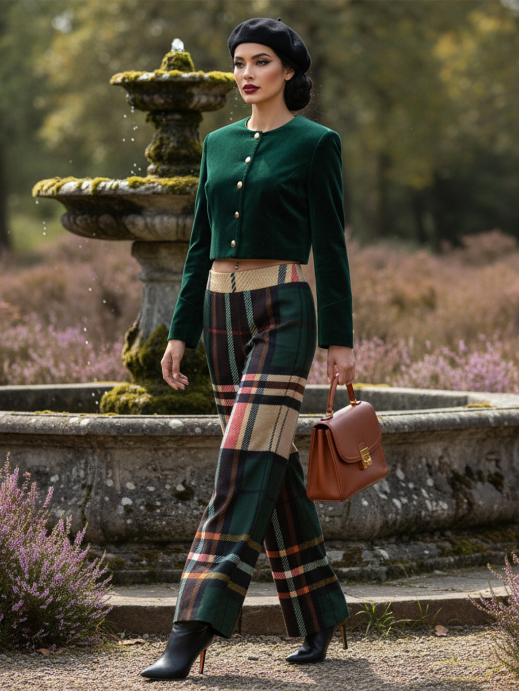 Women wearing women's green tartan wide-leg trousers with a green jacket and black beret outdoors