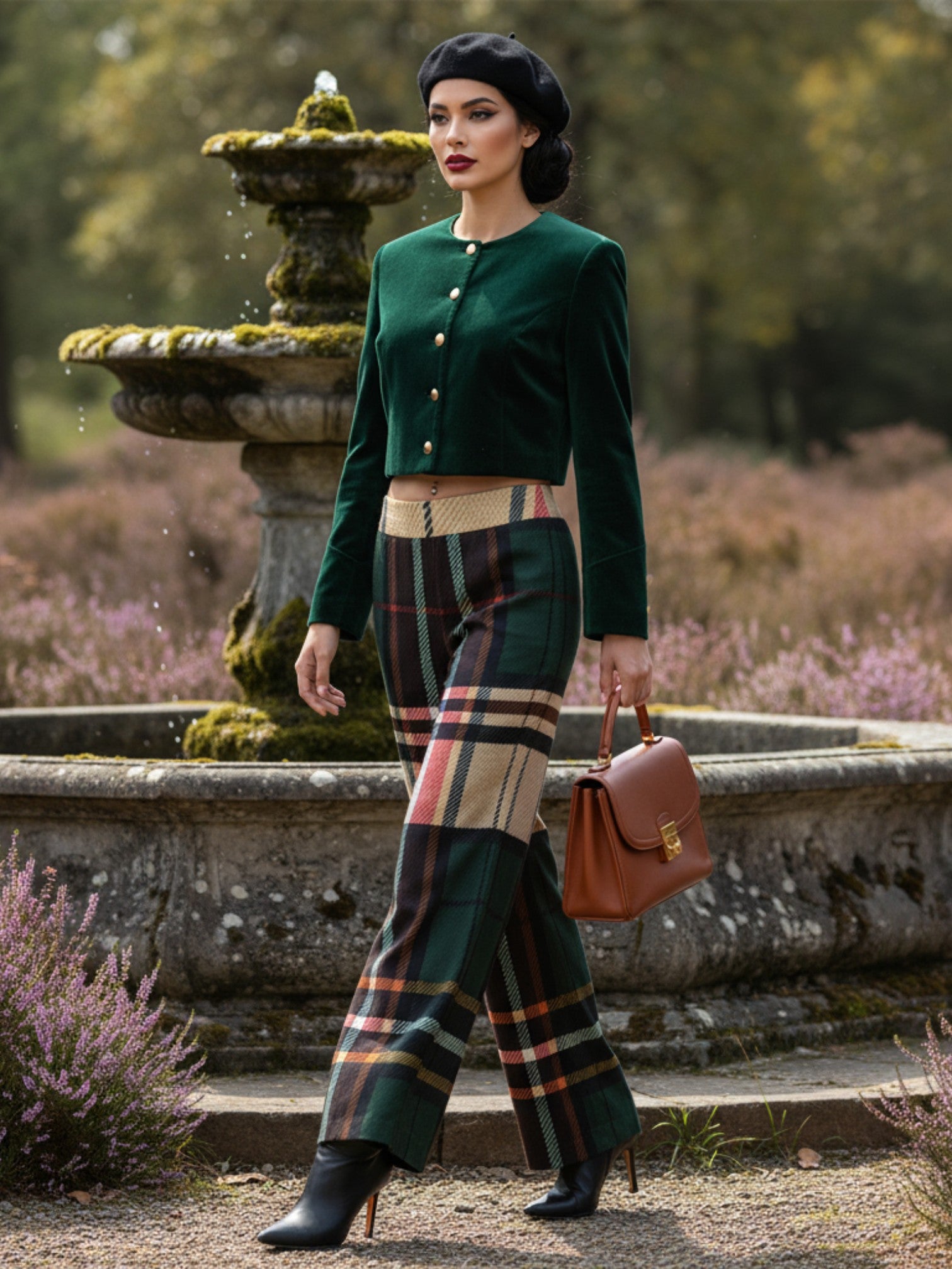 Women wearing women's green tartan wide-leg trousers with a green jacket and black beret outdoors